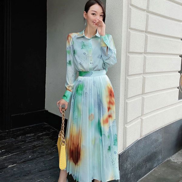 

[ewq] printed shirt pleated two-piece fashion trend japanese style blouse tie dye skirt sweet loose casual clothing summer 210423, White