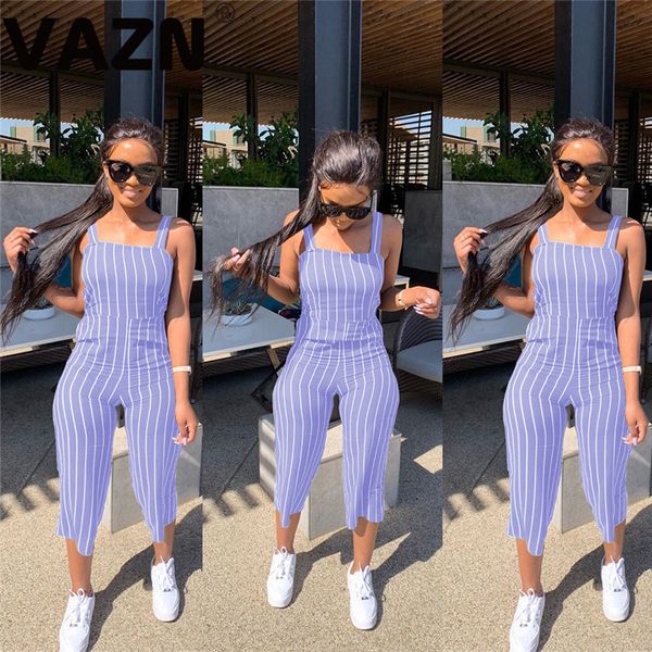 

vazn new casual ladies 2021 fashion spaghetti strap elegant women jumpsuit striped print jumpsuits club rompers, Black;white