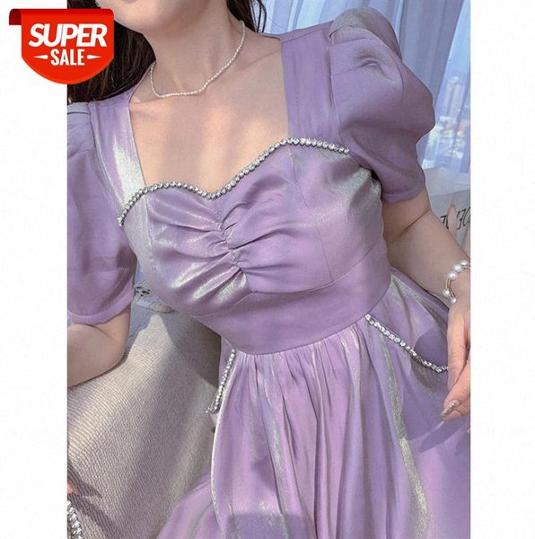 

fleeing princess"" french puff sleeve purple dress women temperament fairy length short #2t6w, Black;gray