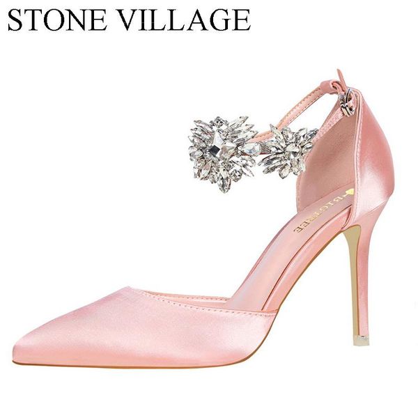 

dress shoes stone village women pointed toe high heels lady ankle strap rhinestones hollow sandals wedding pumps, Black