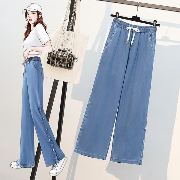 

women's jeans summer high waist slim wide leg straight tube lace up breathable loose button tencel jeans[1-8578#], Blue