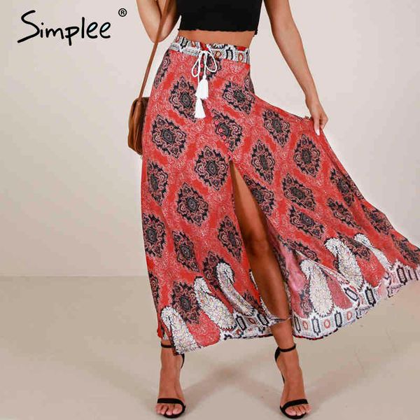 

high waist split print wrap women summer beach casual floral maxi female spring sash long skirt 210414, Black