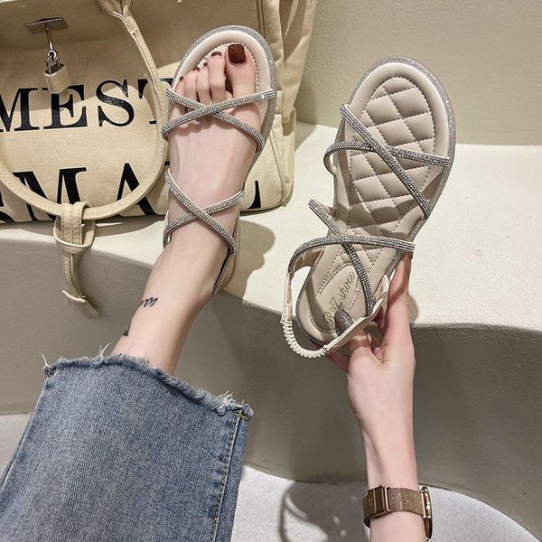 

low sandals woman leather clear heels all-match female shoe 2021 summer cross low-heeled rhinestone fashion comfort elastic band, Black