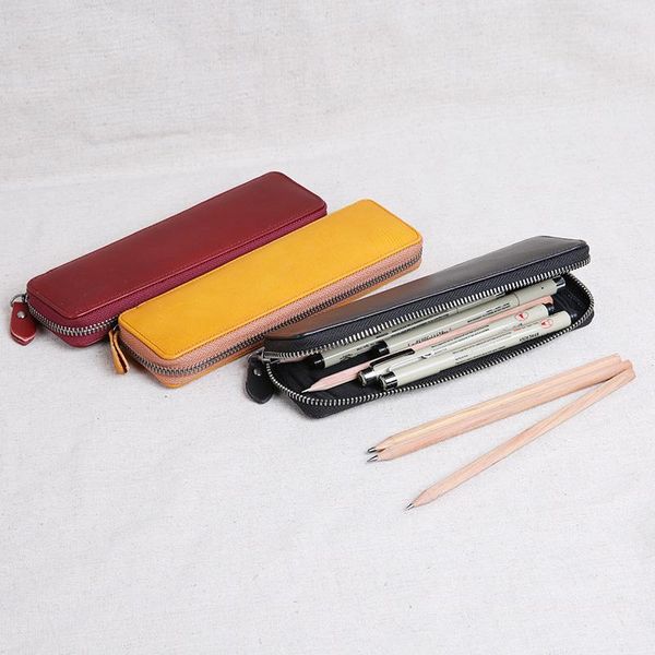 

wallets handmade leather simple pencil case first layer cowhide pen personality creative retro small tool bag, Red;black