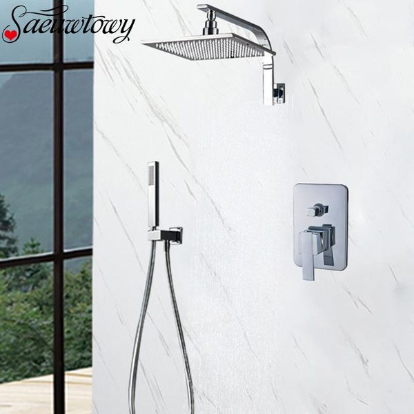

rain silver chrome shower faucet stainless steel head square bathtub with hand concealed set bathroom sets