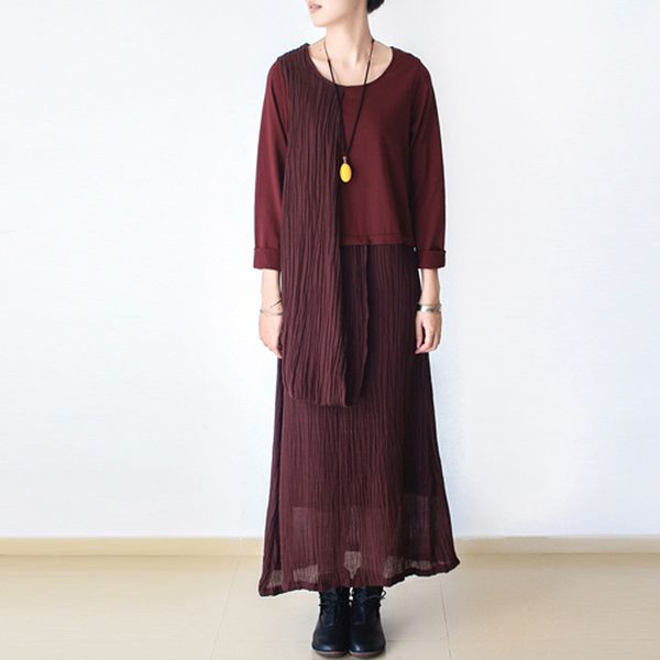 

johnature spring solid color women dresses vintage o-neck patchwork irregular long sleeve cotton linen long dresses 210521, Black;gray