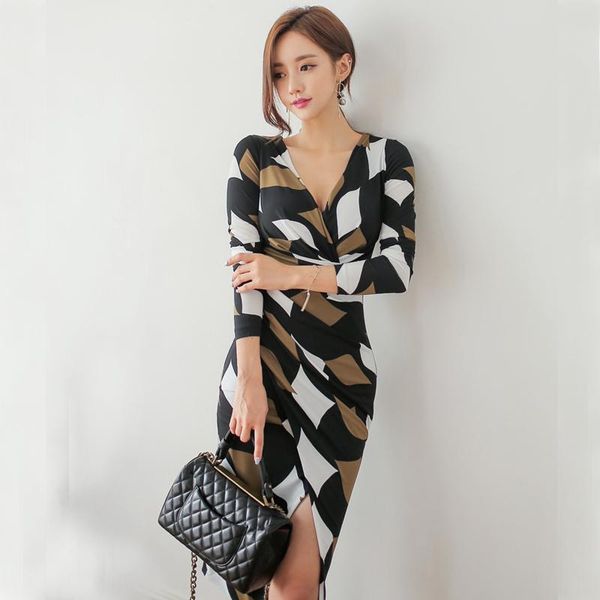 

casual dresses women dress autumn 2021 office lady korea style print long sleeve zipper sheath v-neck traf, Black;gray