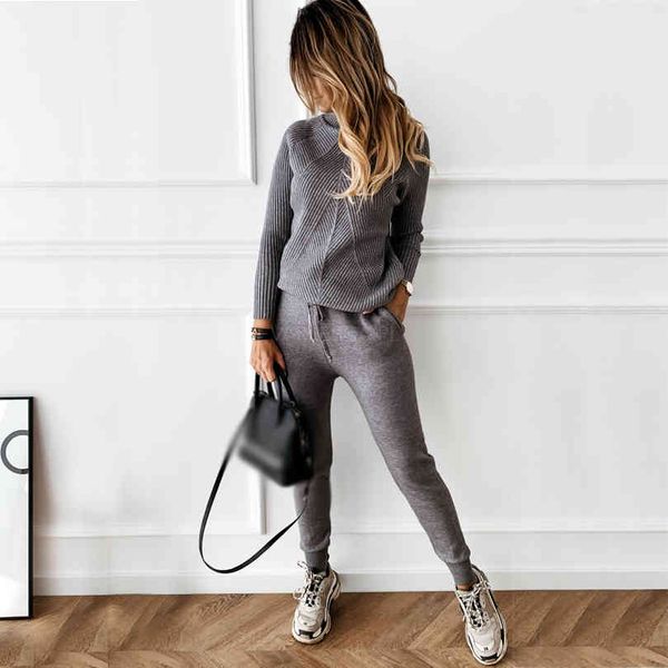 

mvgirlru autumn winter womens knit tracksuit solid color striped turtleneck sweater and elastic trousers two piece set, White;black