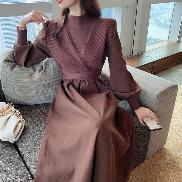 

spring patchwork knitted long dress women sleeve korean vestidos waist slim robe femme chic vintage casual dresses, Black;gray