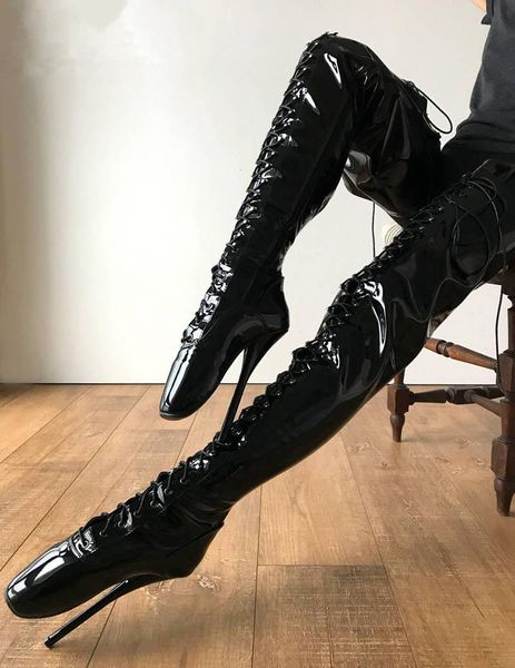 

boots 18cm bondage footwear ballet high heel over the knee women stilettos lace up side zippers shoe fetish unisex, Black