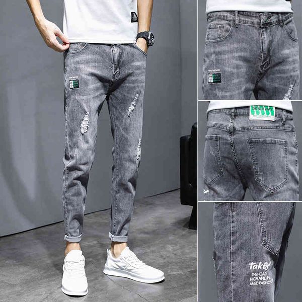 

jeans men's fashion brand autumn winter slim fit small feet korean spring casual hole nine point pants men, Blue