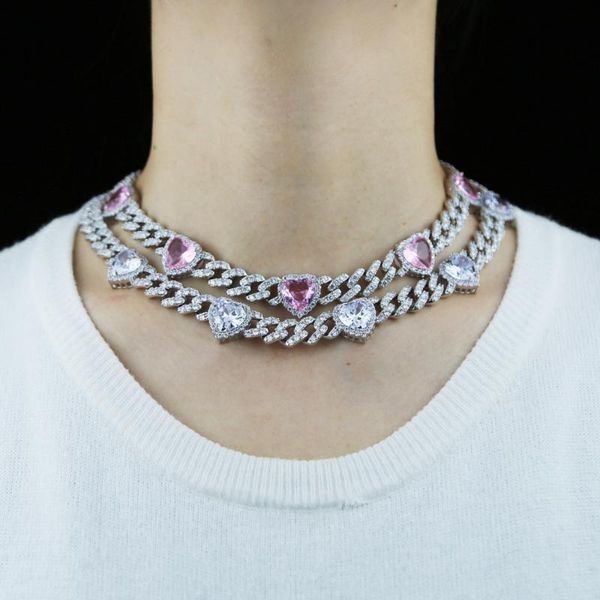 

12mm miami cuban chain with white pink cz heart charm necklace for women zircon men's hip hop link jewelry drop ship chokers, Golden;silver