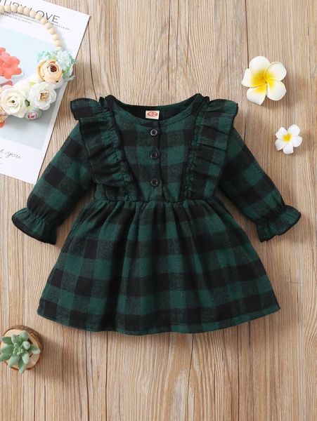 

baby buffalo plaid print ruffle trim flounce sleeve dress she, Red;yellow