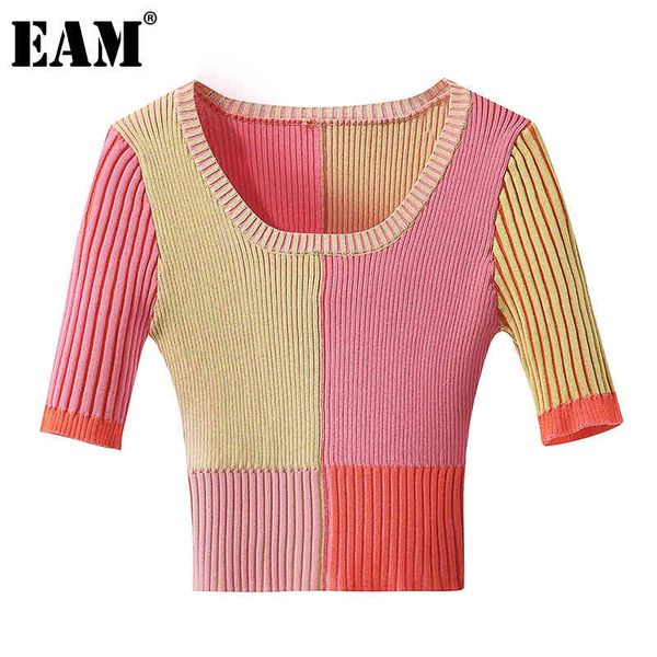 

[eam] knitting pink spliced sweater loose fit round neck short sleeve women pullovers fashion spring summer 1dd7426 21512, White