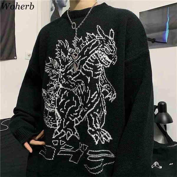 

sweater women vintage loose pullover streetwear dinosaur pattern knit jumpers korean fashion sueter mujer 95001 210519, White