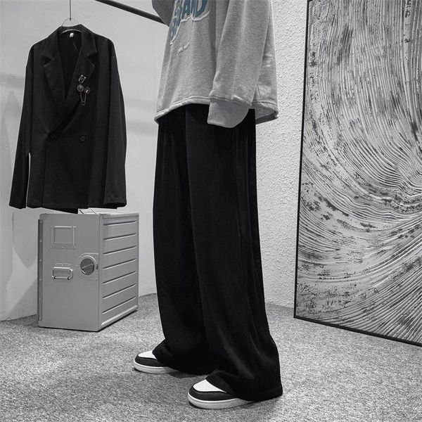 

men's pants large size pleated fashion casual wide-leg men streetwear loose hip-hop oversize ice silk mens trousers, Black