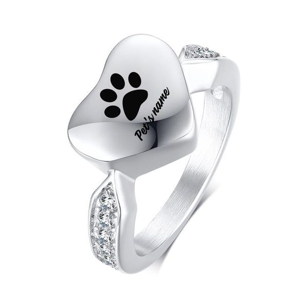

cluster rings women heart pet memorial ring engraved name crystal embellishment stainless steel cremation ash urn femme jewelry, Golden;silver