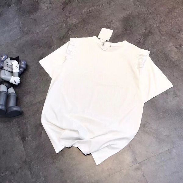 

high 2021 summer women's flounce net version folding concubine edge t-shirt white round neck loose commuter splicing bubble sleeve