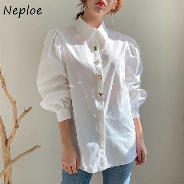 

kuzuwata fresh solid color loose lantern sleeve shirt autumn chic exquisite button women blouse turn-down collar blusas 210422, White