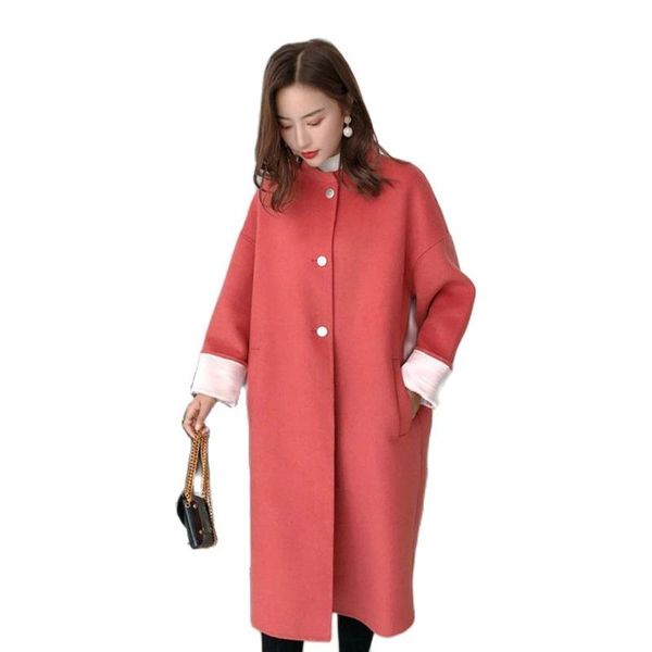 

women's wool & blends 21 autumn winter pink korea style long double faced cashmere coat o neck loose women woolen jacket lady, Black
