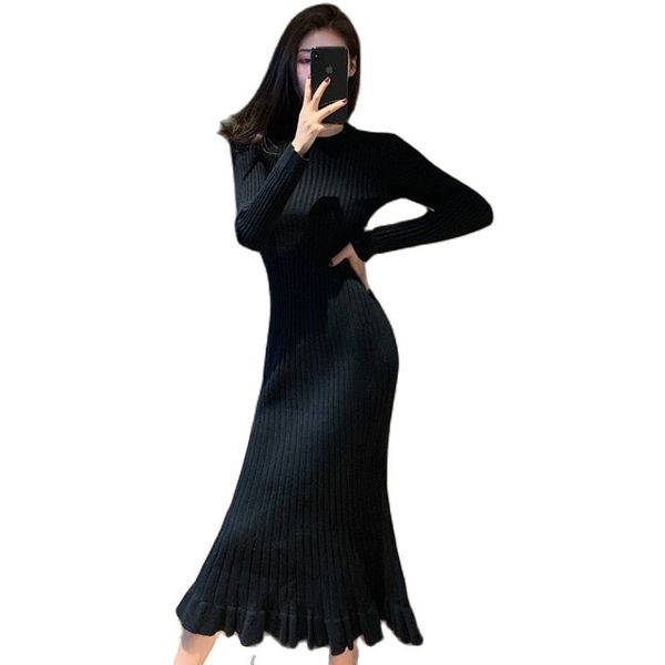 

fashion 2021 new autumn and winter temperament slim womens clothing ruffled bottom hair dress fishtail wool knit dress, Black;gray