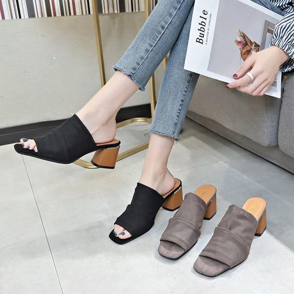 

slippers solid mesh square toe chunky heels shallow plus sizes 35-42 french brief shoes women summer all match comfy slides 2021, Black