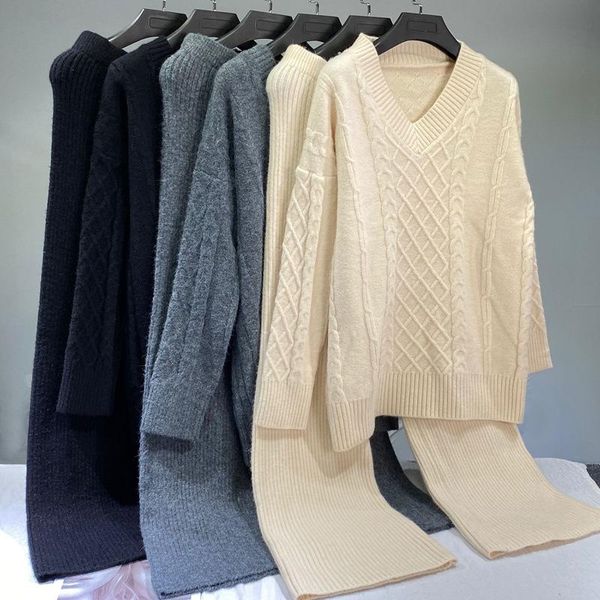 

women's tracksuits sweaters 2 piece sets long sleeve v neck pullover + wide leg pants tracksuit lounge wear 2021 spring autumn suita254, Gray