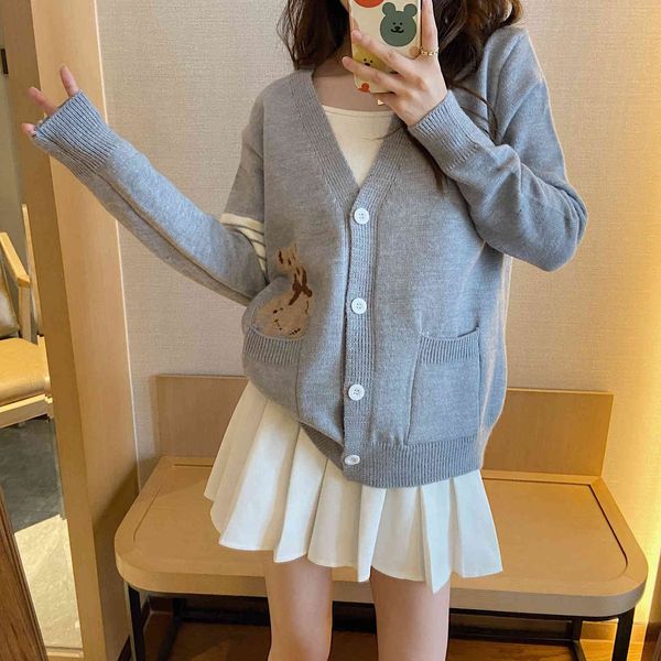 

21 spring and autumn tb new v-neck cartoon bear striped sleeve couple's wool loose knit cardigan jacket women's fashion, White;black