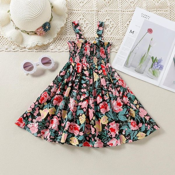 

baby girl summer beach dress suspender sleeveless casual floral sundress children kids clothing, Red;yellow
