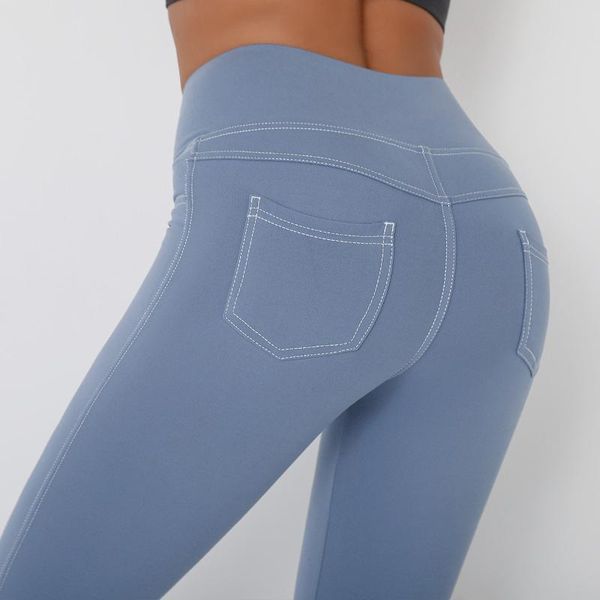 

yoga outfit imitation denim high waist women's pants pocket hip-lift legging squat proof leggings tummy control workout tight pant
