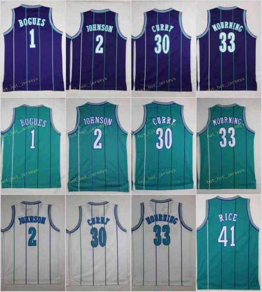 Uomo Vintage Tyrone 1 Muggsy Bogues Maglie Larry 2 Johnson Dell 30 Curry Alonzo 33 Mourning Glen 41 Rice Basket