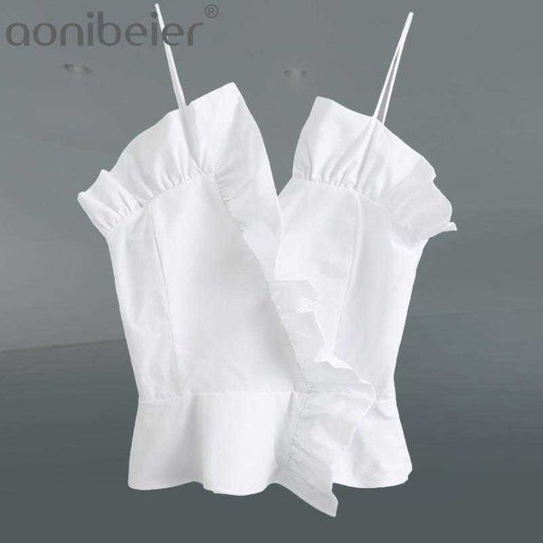 

summer women's fashion ruffle cut shirt solid color v-neck open back laminated decorative strap 210604, White