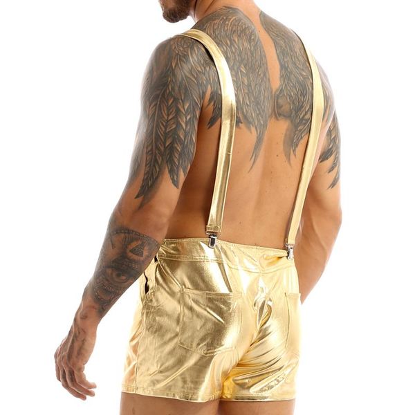 

iefiel mens moto fashion shorts shiny metallic adjustable shoulder straps holographic overall suspender festival costumes men's, White;black