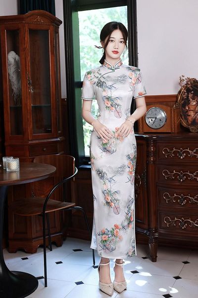 

ethnic clothing women floral print cheongsam chinese style traditional retro improved high split qipao, Red