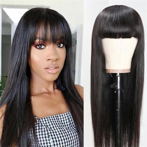 

lace wigs jet black straight human hair with bangs for women peruvian remy 150% density glueless, Black;brown