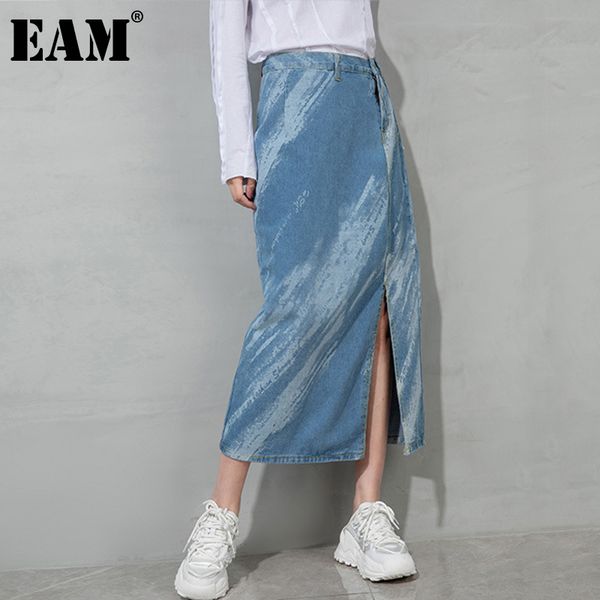 

[eam] high waist blue denim front hem slit casual irregular half-body skirt women fashion spring autumn 1dd8125 21512, Black