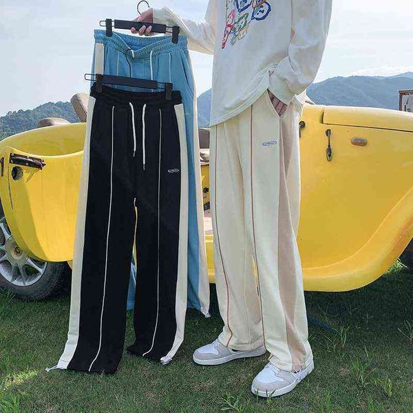 

japanese stripe patchwork pants men's 2021 autumn fashion casual men streetwear wild loose drawstring male straight 0214, Black