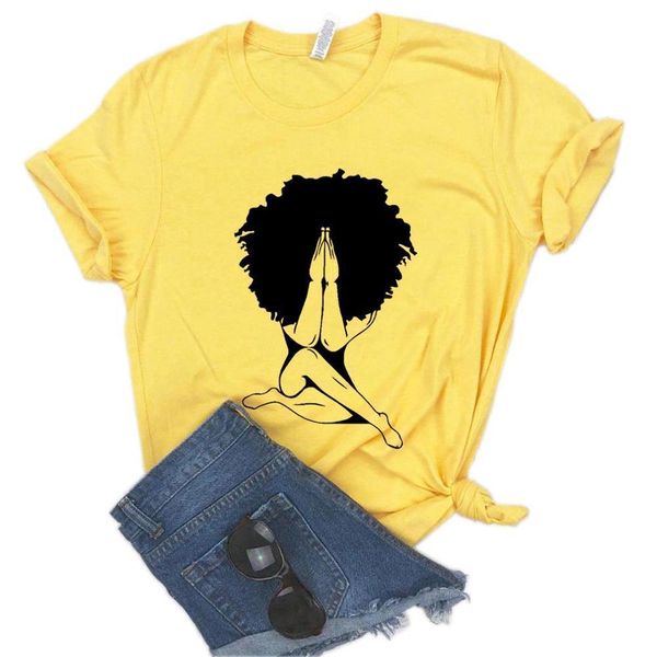 

afro praying print 100% cotton women t shirt casual funny yong girl tee 6 colors drop ship na 459, White