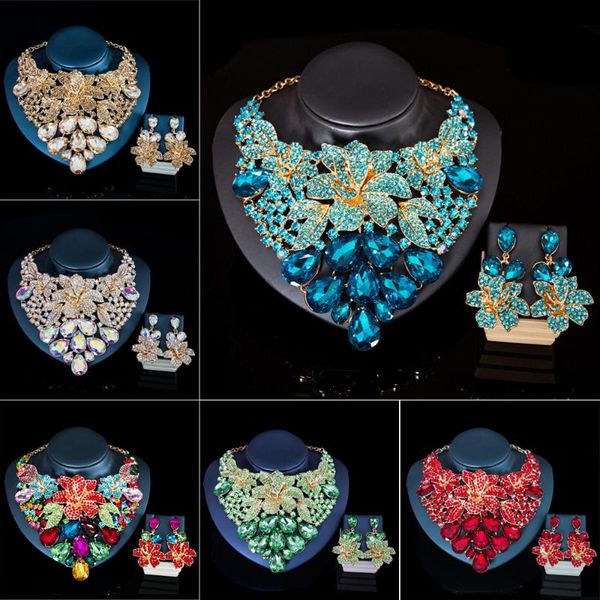 

earrings & necklace fashion african dubai nigerian jewelry set crystal flower for women bridal wedding party statement choker gift, Silver