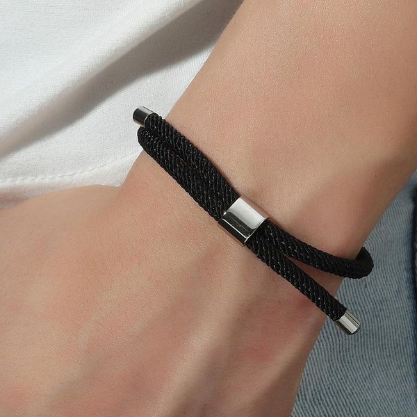 

link, chain lucky red rope bracelet women men handmade woven string stainless steel accessories couple jewelry adjustable, Black