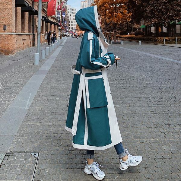 

women trench coat hooded double-breasted oversize patchwork lady windbreaker with belt spring autumn outerwear female clothes women's c, Tan;black