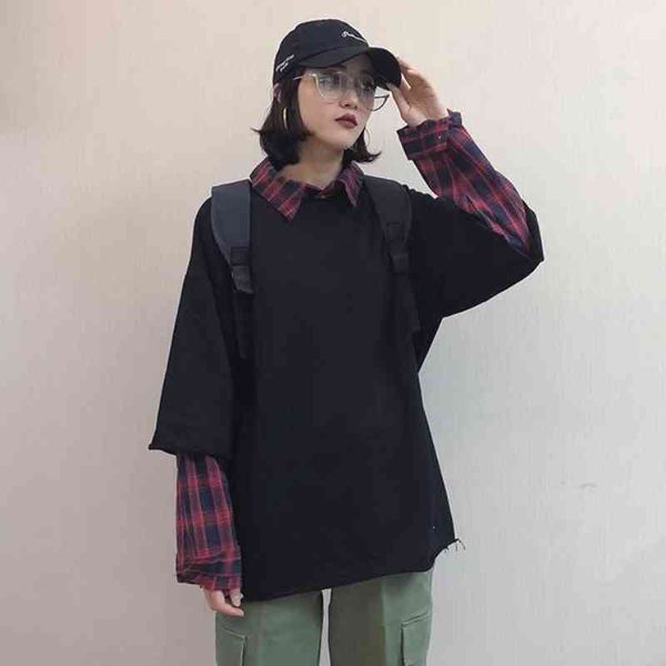 

women's jackets deeptown style korean chess shredded women's hoodie harajuku vintage sweater for teenage oversized sleeve long sch, Black;brown