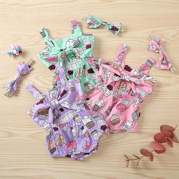 

jumpsuits 0-24m cute born baby girl sleeveless ice cream print strap romper jumpsuit headband 2pcs outfits summer clothes, Blue