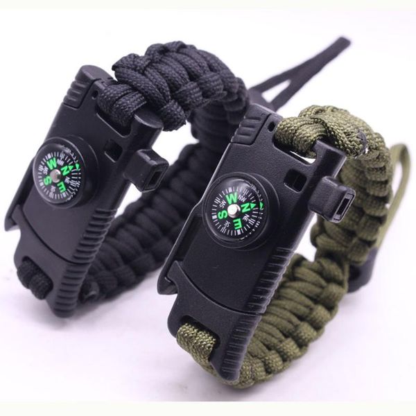 

link, chain multi-function outdoor survival bracelets for men women compass whistle weaving braided paracord adjustment rope bangles, Black
