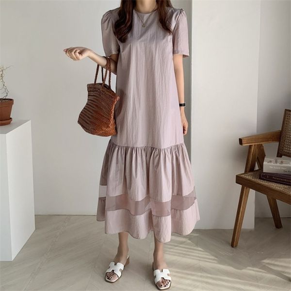 Корея мода женщины лето элегантный слоеный рукав кружева лоскутные оборками платье повседневные платья вечеринки Vestidos халат 210519