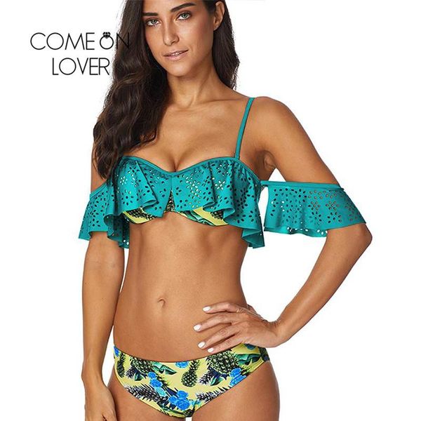 

comeonlover printing bikini set openwork flower women swimwear biquinis ruffles low-waist maillot de bain femme dyi3421 one-piece suits