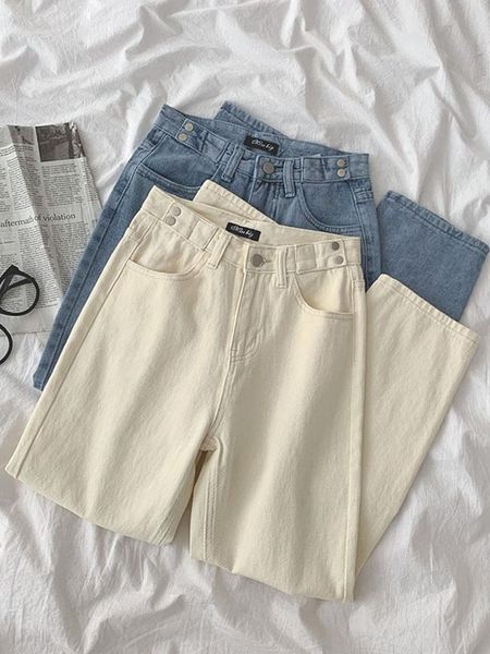 

women's jeans 2021 spring pattern streetwear high waist trouser fashion versatile solid color loose straight pants for, Blue