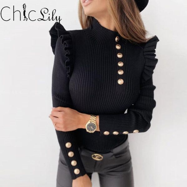 

women's sweaters chiclily autumn ruffled long sleeve button sweater bottoming women winter elastic o neck 2021 vintage pullover, White;black