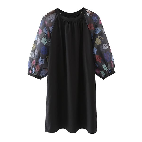 

fashion women organza sleeve back button flora printed dresses 210430, Black;gray