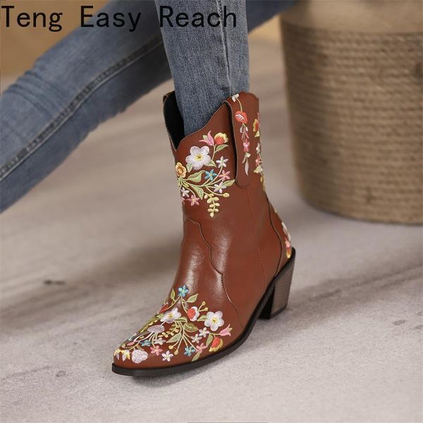 

boots vintage casual cowboy low heel autumn winter women shoes retro embroidered design western long femme bottes big size, Black